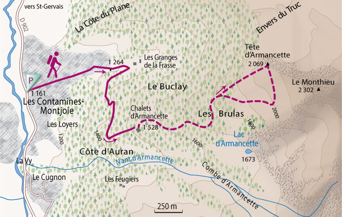 Tracée de la randonnée aux chalets et à la Tête d'Armancette ©ClaudeDubut