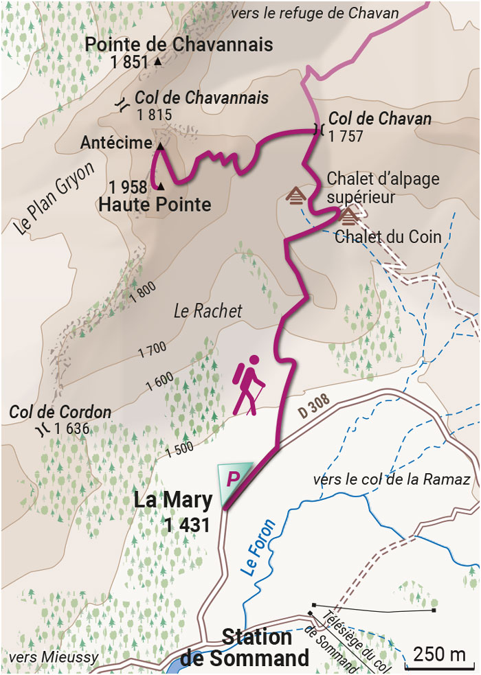 Tracée de la randonnée au Col des Chavan et la Haute Pointe