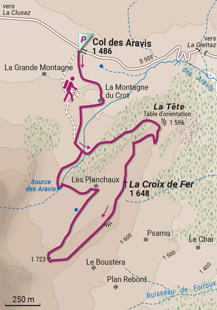 Tracée de la randonnée à la Crête de la Croix de Fer depuis le col des Aravis