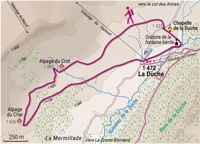 Tracée de la randonnée des Alpages du Crot et du Char depuis la Duche©Claude Dubut